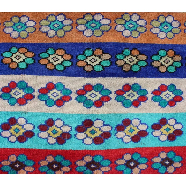 Mid-Century Modern Turkish Rug With Multicolored Stripes and Flower Designs For Sale - Image 9 of 12