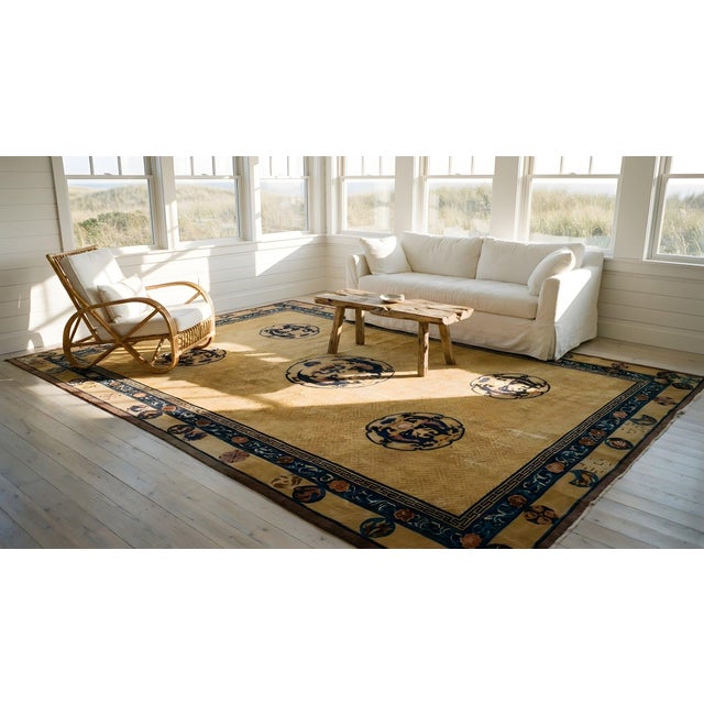 Amazing Beige and Blue Color With Dragon Design Antique Chinese Rug For Sale - Image 9 of 11