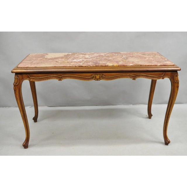 Antique French Louis XV Style Carved Walnut Rouge Marble Top Console Hall Table For Sale - Image 10 of 10
