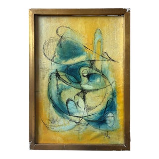 Framed Abstract Oil Painting on Canvas by Rocher From the 1960s For Sale