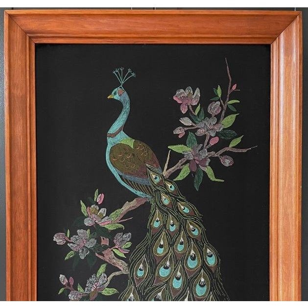 Mid-Century Modern 1960s Turquoise Peacock on Flowering Branch Acrylic Painting, Framed For Sale - Image 3 of 6