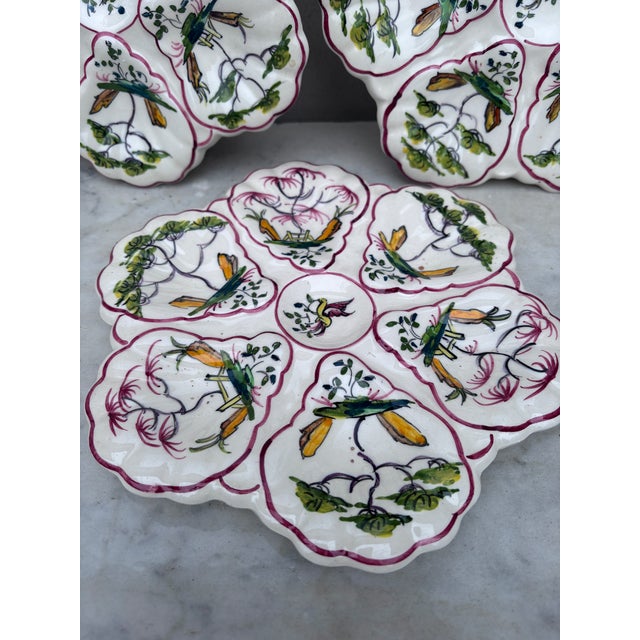 French Country Set of 3 French Faience Oyster Plate Moustiers Style, Circa 1940 For Sale - Image 3 of 5