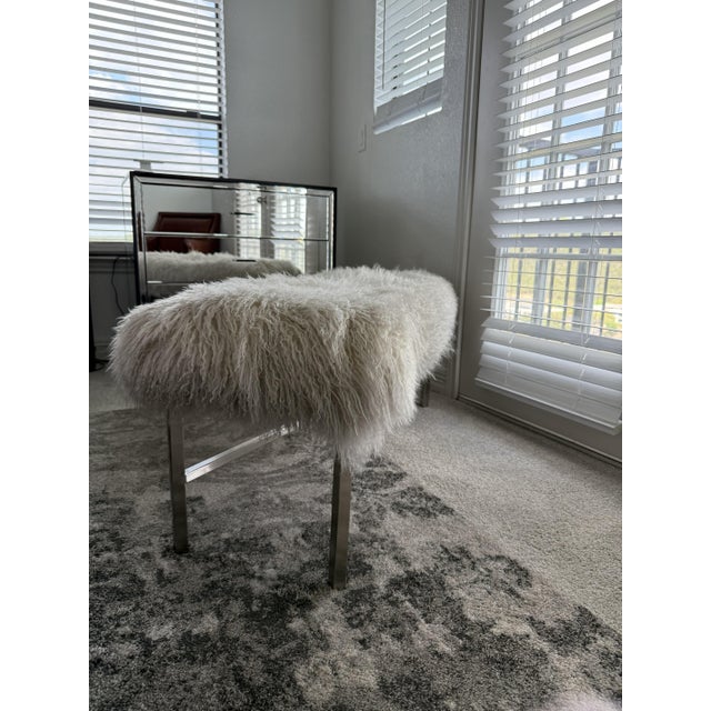 Pasargad Home Mongolian Lamb Fur Bench in Cream With Brushed Metal X‑Base For Sale In Austin - Image 6 of 8
