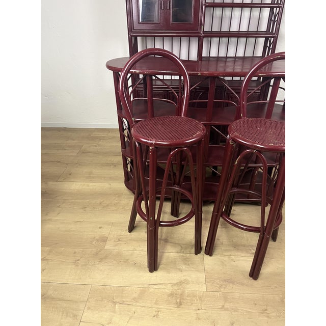 Boho Chic Vintage Italian Burgundy Bamboo Wicker Bar Cabinet and Stools, 1970s, Set of 5 For Sale - Image 3 of 9