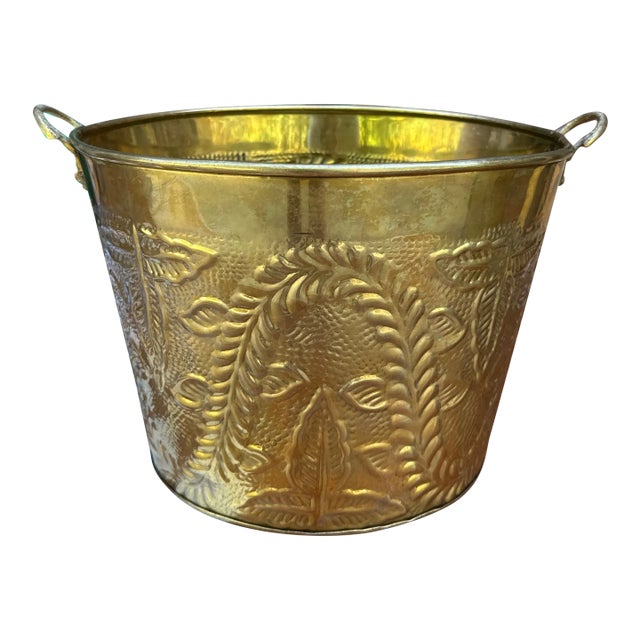 1970s Hand Hammered Leaf Design Brass Bucket With Handles For Sale