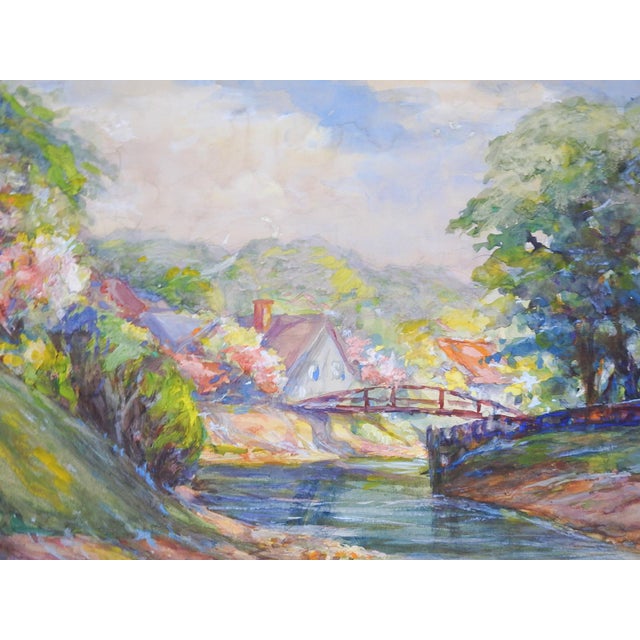 Paper Early 20th Century Pastoral Riverside Cottage Landscape Painting For Sale - Image 7 of 9