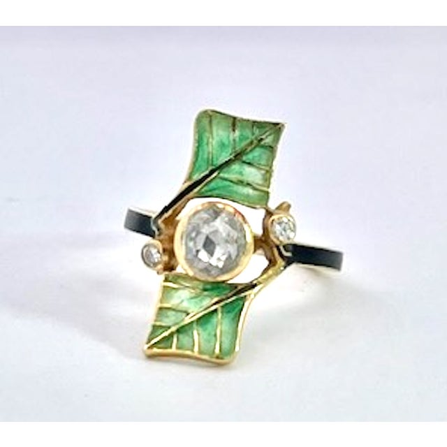 Green 1930s Art Nouveau Diamond and Plique a Jour Ring, Size 6 For Sale - Image 8 of 13