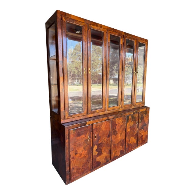 1970s American of Martinsville Credenza and China Cabinet Hutch Patchwood Olive Wood ' Camo' Cabinet For Sale
