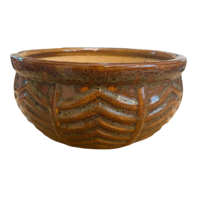 Antique Early 19th Century Nelson McCoy Chevron Leaf Art Pottery Jardiniere Planter For Sale