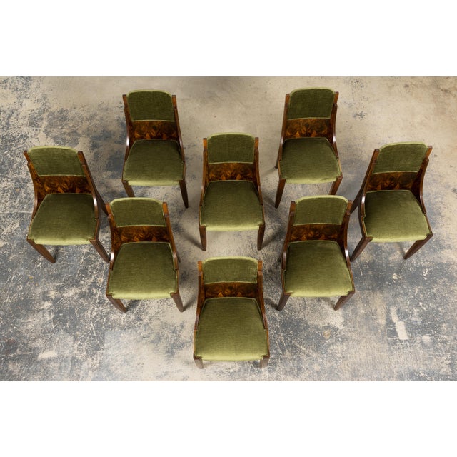 Art Deco 1920s French Art Deco Walnut Gondola Dining Chairs in Olive Green - Set of 8 For Sale - Image 3 of 18