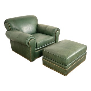 Century Furniture Art Deco Studded Leather Lounge Chair With Ottoman For Sale