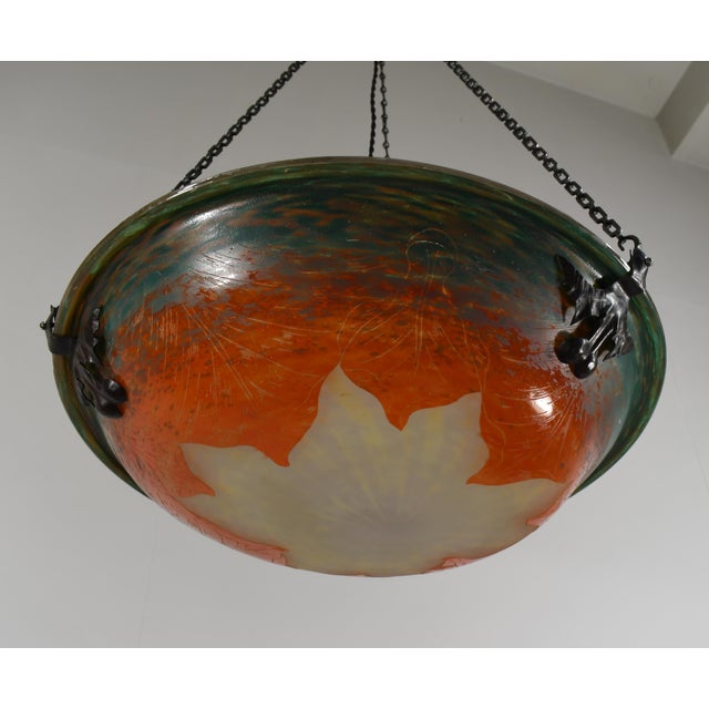 Orange Large French Art Deco Pendant Light by Le Verre Francais Schneider - 1925 Cameo Chandelier France For Sale - Image 8 of 17