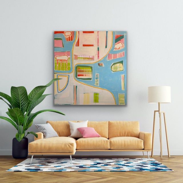 Abstract Large Contemporary Abstract Acrylic Painting – Sky Blue & Coral Geometric Grid For Sale - Image 3 of 10