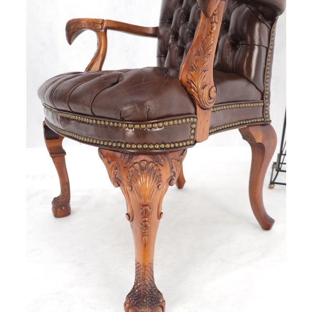 Brown Leather Chesterfield Backs & Seat Carved Walnut Armchairs Fireside Chairs For Sale - Image 4 of 13