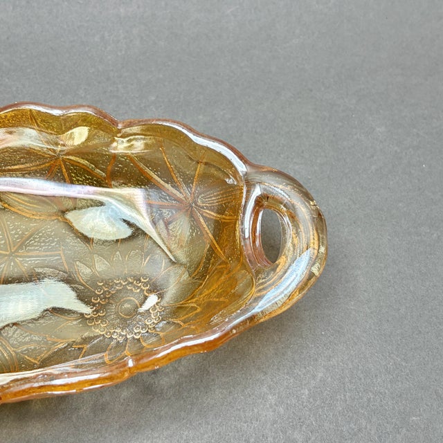 Glass Vintage Indiana Glass “Lily Pons Sunflower” Marigold Carnival Glass Relish Dish With Handles For Sale - Image 7 of 9