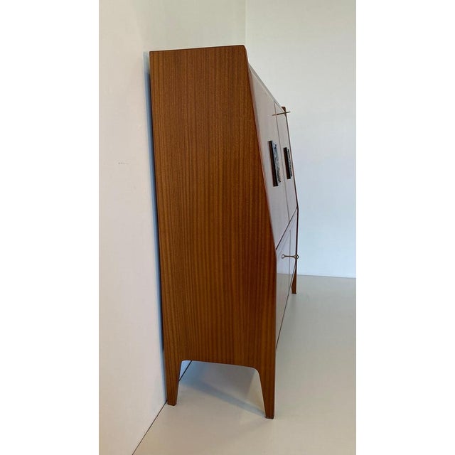 Italian Secretaire with Geometric Veneer and Carved Panels, 1950s For Sale - Image 4 of 12