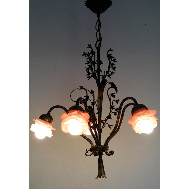 Vintage Green-Gold Patinated Metal Pink Shade Chandelier, 1970s For Sale - Image 15 of 18