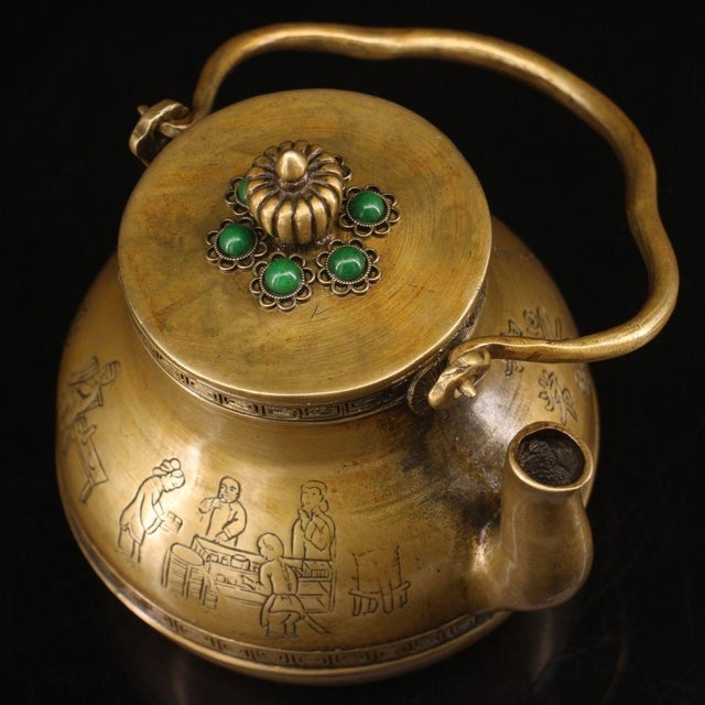Metal Brass Teapot With Calligraphy and Gem Accents For Sale - Image 7 of 9