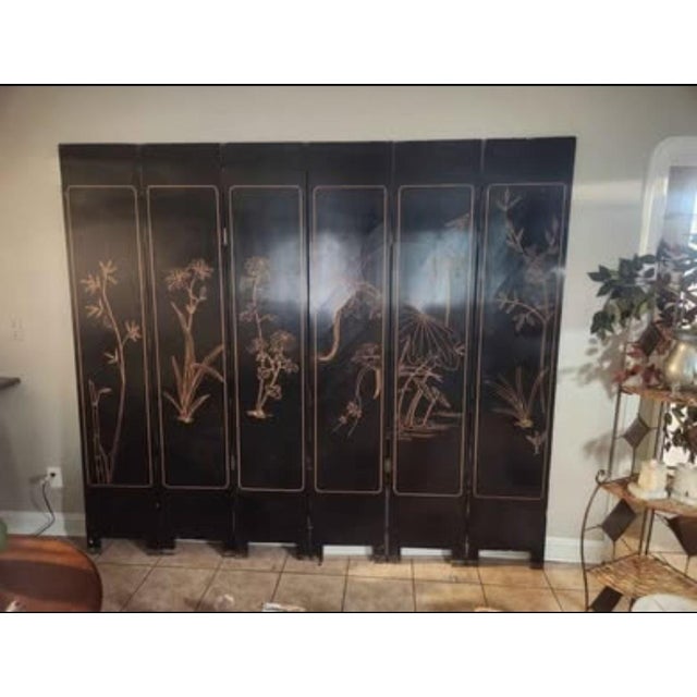 Black Large Antique 7' Chinese 6-Panel Lacquer Folding Screen – Sanxing Three Star Gods– Hand Painted/Gilt For Sale - Image 8 of 9