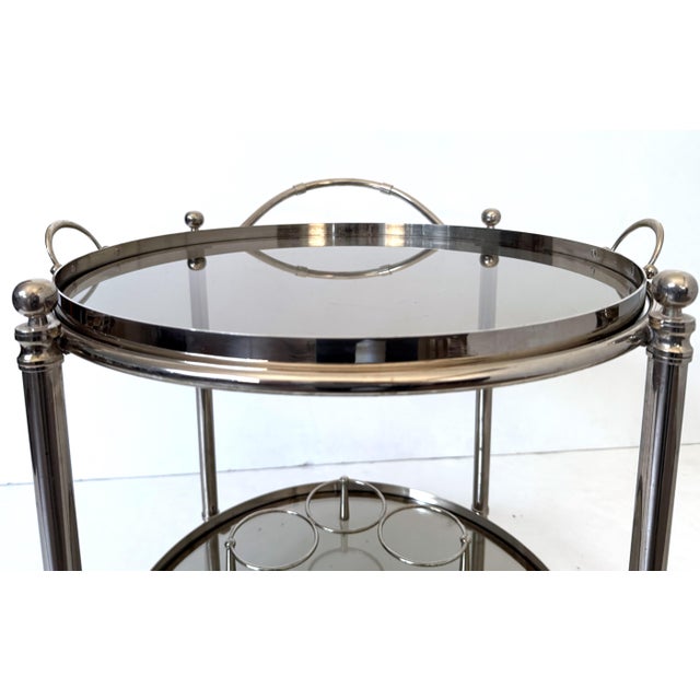 Polished Chrome Drinks Trolley or Bar Cart With Smoked Glass Trays From England For Sale - Image 4 of 11