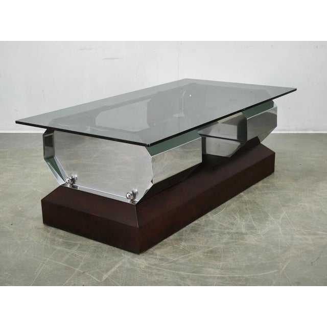 Italian Chrome, Smoked Glass and Wood Coffee Table, 1970s For Sale - Image 9 of 14