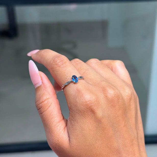 Not Yet Made - Made To Order 14k Gold Minimalist Oval Blue Sapphire Solitaire Ring With Twisted Band Size 5.5 For Sale - Image 5 of 15