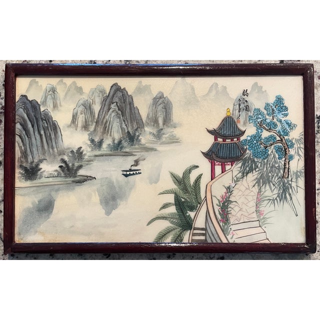 Chinese Crane and Landscape Painted Double Sided Plaque For Sale - Image 4 of 6