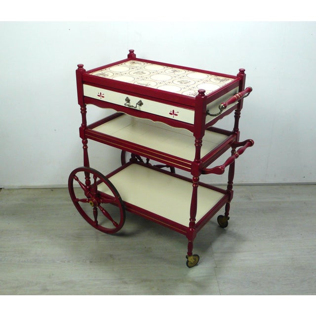 Red and Cream 3-Tier Serving Cart with Drawer, 1950s For Sale - Image 9 of 9