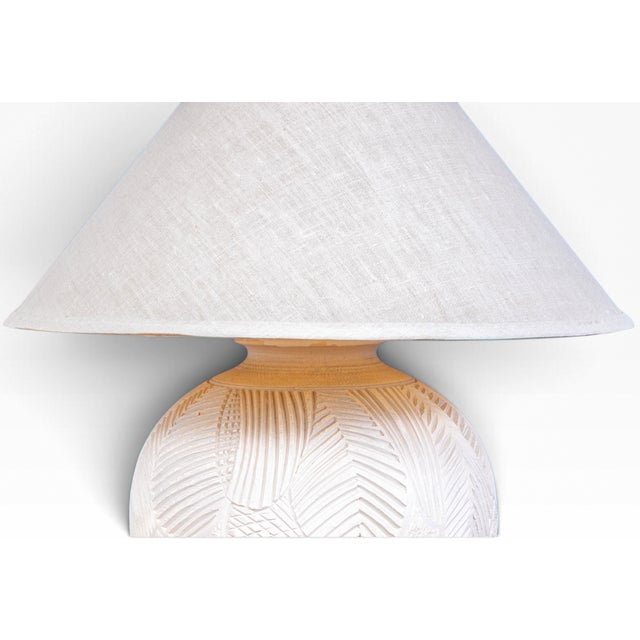 Late 20th Century Vintage Postmodern Carved White Plaster Meiping Vase Form Table Lamp With Linen Empire Shade For Sale - Image 5 of 12