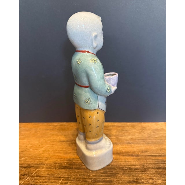 Chinese Antique Republic Period Chinese Porcelain Ho Ho Boy Figure in Wucai Glaze 12” For Sale - Image 3 of 12