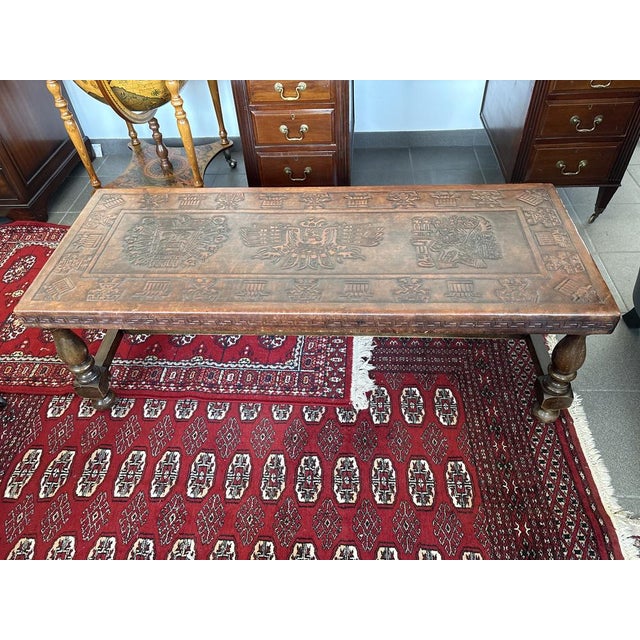Spanish Colonial Revival Coffee Table with Embossed Leather Top, 1980s For Sale - Image 5 of 6