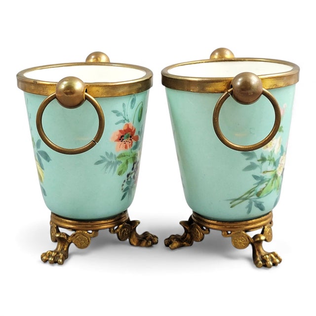 Turquoise Porcelain and Bronze Cache-Pots, Paris, France, 1835-1850, Set of 2 For Sale - Image 4 of 10
