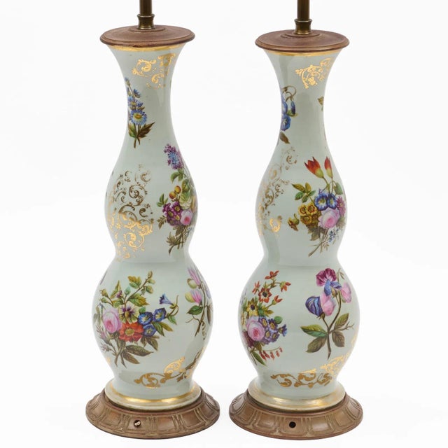 Tall Antique Louis Philippe French Opaline Glass Table Lamps With Hand Painted Flowers Circa 1835 - A Pair For Sale - Image 4 of 5