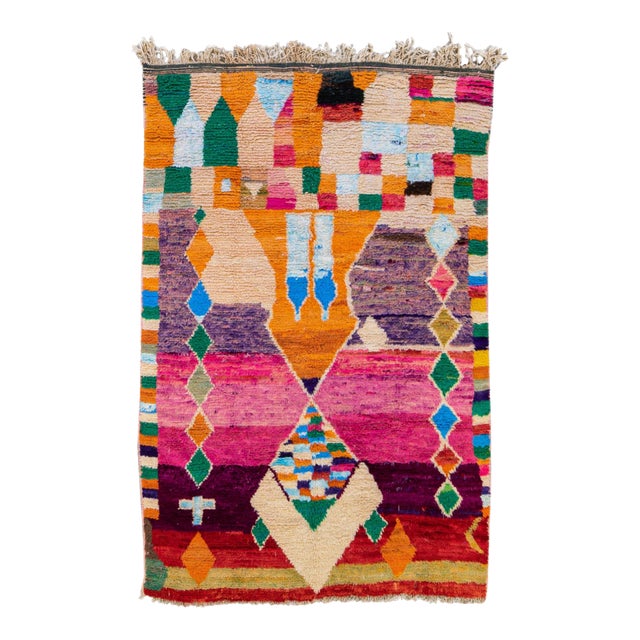Vintage Boujad Moroccan Handmade Geometric Multicolor Berber Wool Rug For Sale