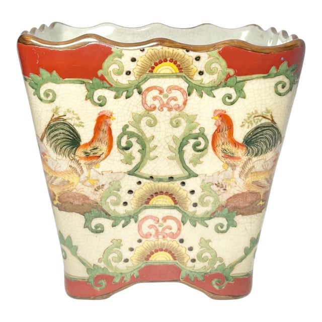 Vintage Ceramic French-Style Chinoiserie “Rooster” Jardinière Cachepot Planter For Sale