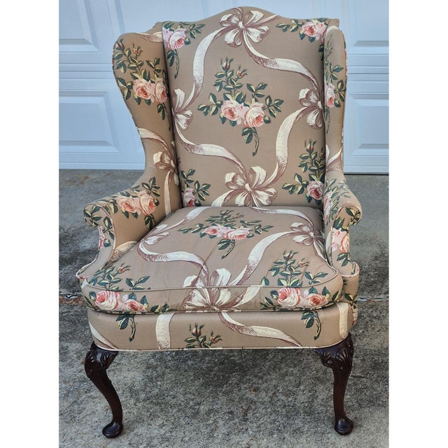 Late 20th Century Hickory Chair Cocoa Brown Rose and Ribbon Pattern Wing Back Arm Chair For Sale In Washington DC - Image 6 of 13