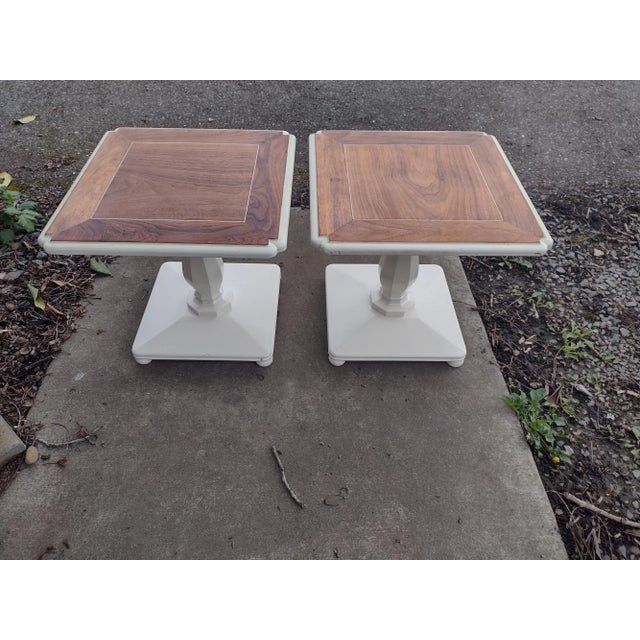 1963 Hollywood Regency Walnut and White Side Tables- a Pair For Sale - Image 10 of 10
