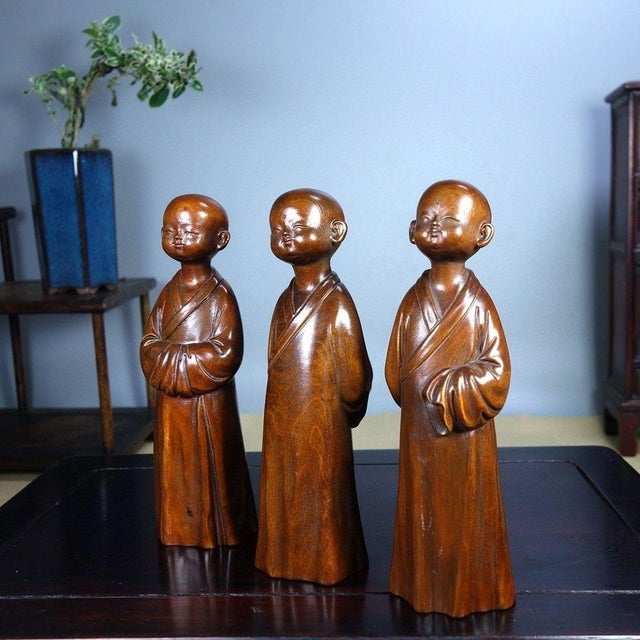 This is a charming set of three vintage Chinese boxwood carved figures, collectively titled "Chan Xin" , which translates...