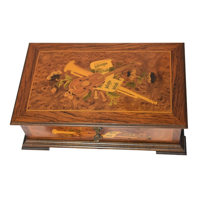 Mid 20th Century Swiss Reuge Music Box 3 Songs Inlaid Box With Key For Sale