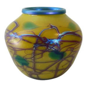 Vintage Mouth Blown Art Glass Vase in Yellow and Blue by Carl Radke