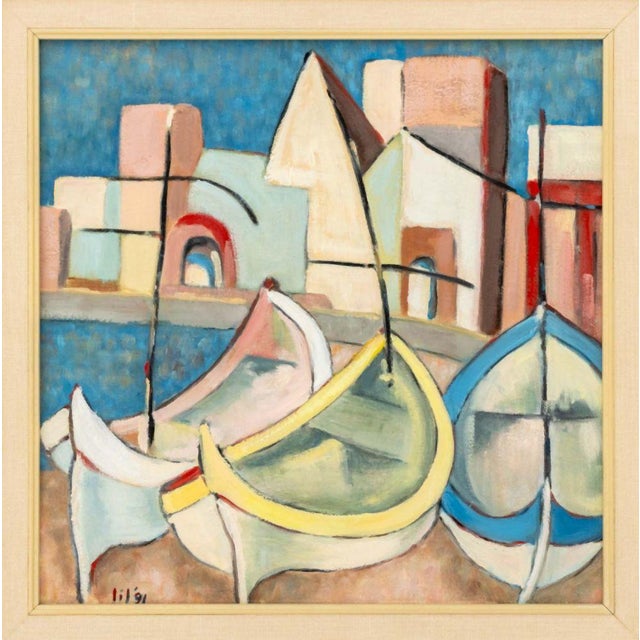 20th Century School, Post-Cubist Harbor Scene, Oil on Canvas, 1991, signed and dated "lil '91" lower left, painted wood...