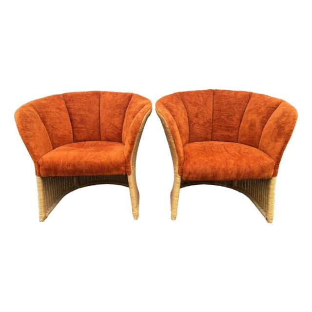 1960's Sculptural Rattan Barrel Chairs in Original Orange Chenille- A Pair For Sale