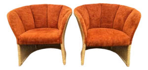 1960's Sculptural Rattan Barrel Chairs in Original Orange Chenille- A Pair