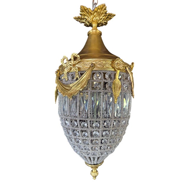 1970 French Louis XVI Gold Bronze Crystal Chandelier Lantern - 1 Pc For Sale