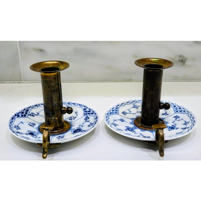 Mid-Century Modern Pair of Vintage Royal Copenhagen Blue Fluted Brass Push-Up Chambersticks, Denmark For Sale - Image 3 of 15