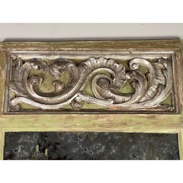 Baroque 19th Century Italian Baroque Trumeau Mirror, Hand-Carved Green Frame For Sale - Image 3 of 14
