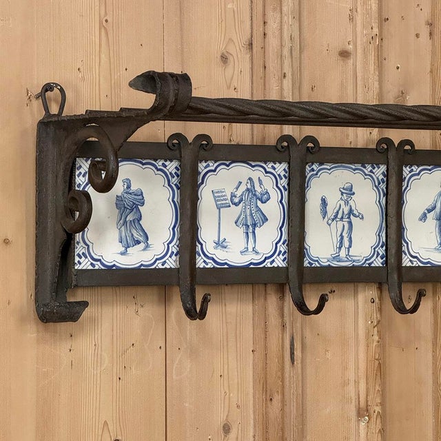 19th Century Dutch Wrought Iron Coat Rack With Delft Tiles For Sale - Image 10 of 18