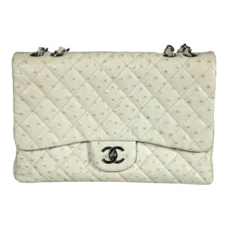 Chanel Handbag, Pocketbook, Beige Ostrich Jumbo Classic-Pristine Purse For Sale