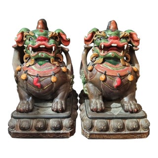 1950s Pair of Large Chinese Glaze Feng Shui Pixiu Wealth Guardian Sculptures For Sale