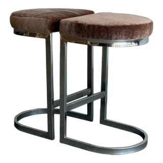 Vintage Cantilevered Bar Stools in Mohair - Pair For Sale